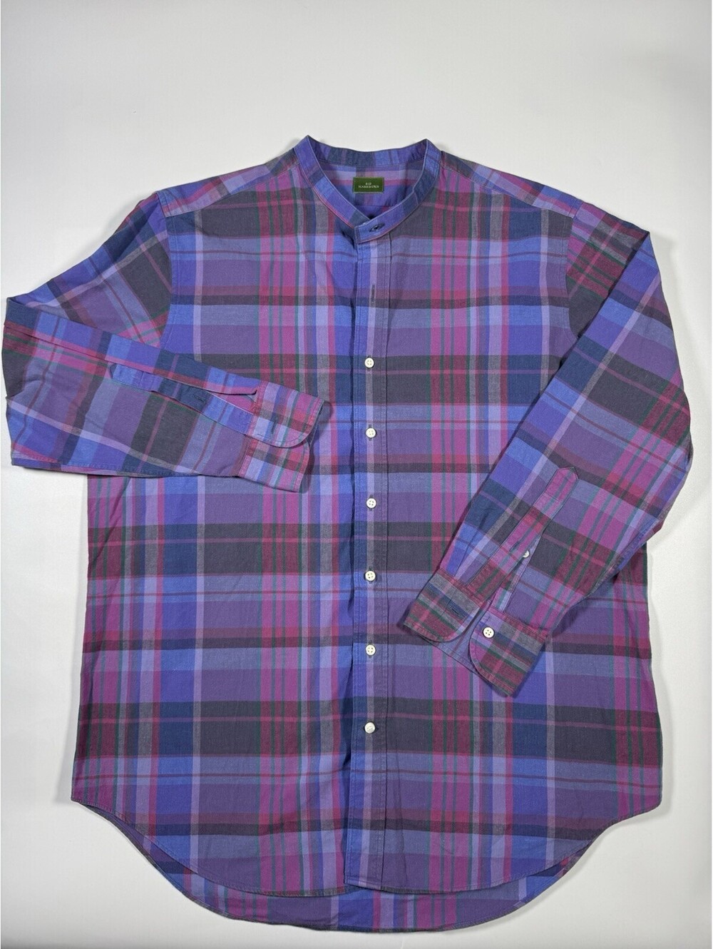 Sid Mashburn Mens XL Madras Plaid Band Collar Shirt Purple Blue Cotton